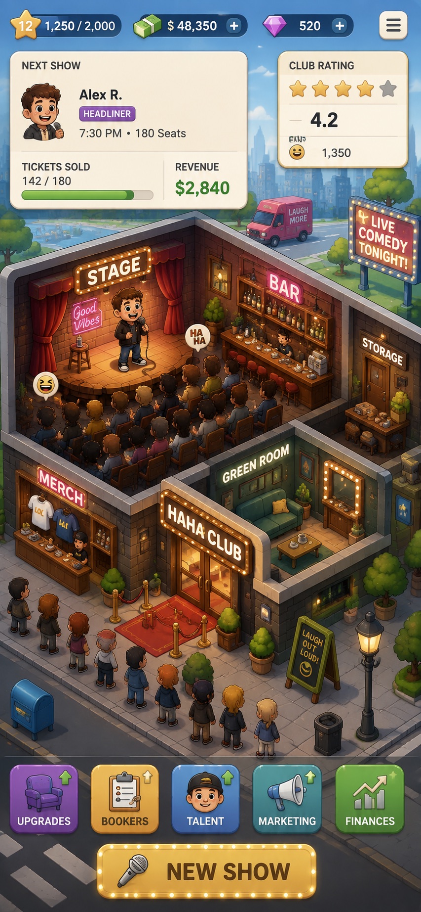 Comedy Club Tycoon mobile game concept