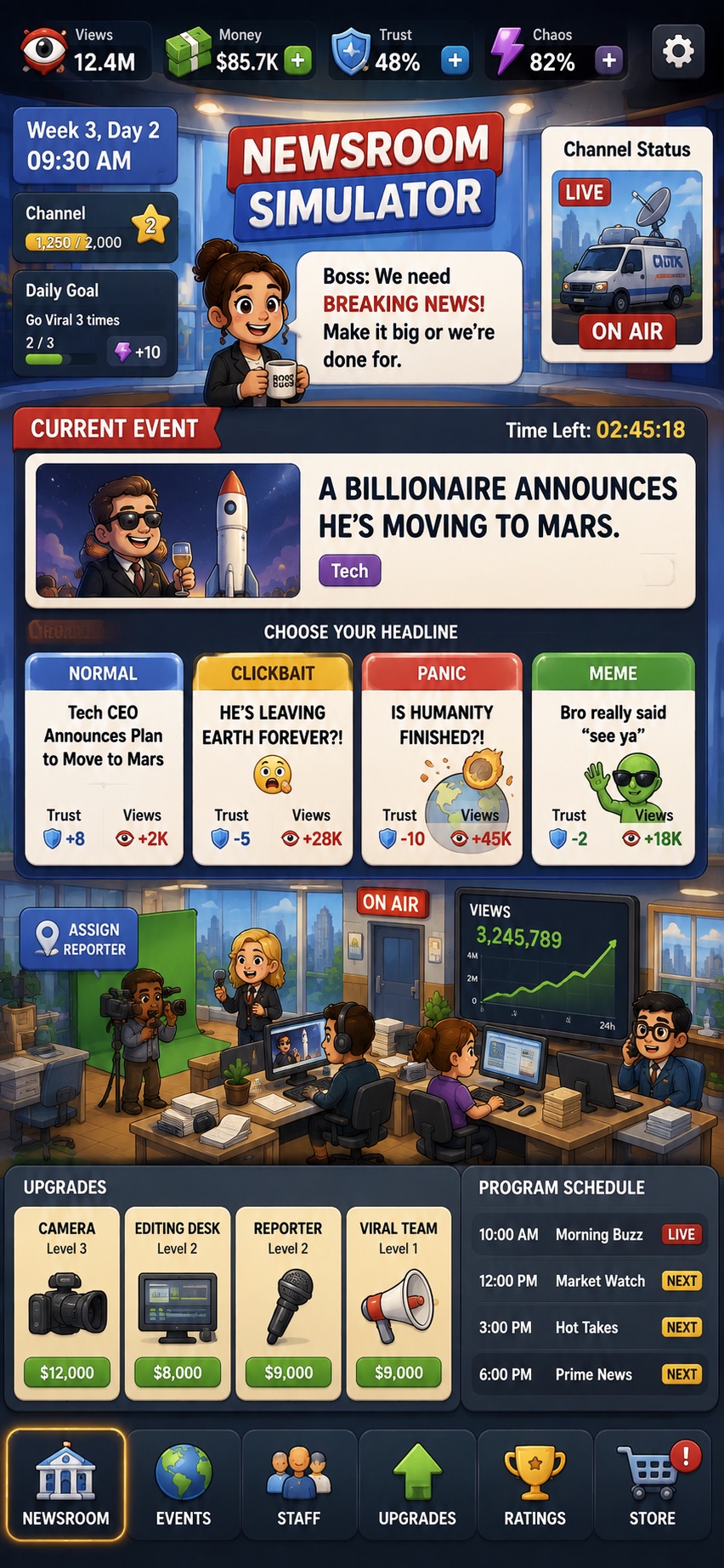Newsroom Simulator mobile game concept